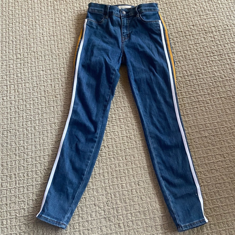 PACSUN high rise skinny jeans, yellow and white stripe detail